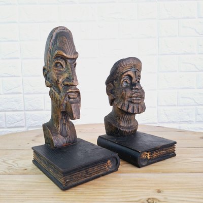 Brutalist Bookends in Carved Wood by Don Quixote & Sancho, 1970s, Set of 2