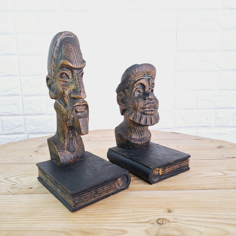 Brutalist Bookends in Carved Wood by Don Quixote & Sancho, 1970s, Set of 2