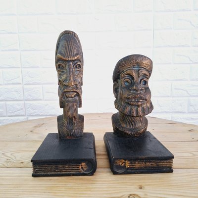 Brutalist Bookends in Carved Wood by Don Quixote & Sancho, 1970s, Set of 2