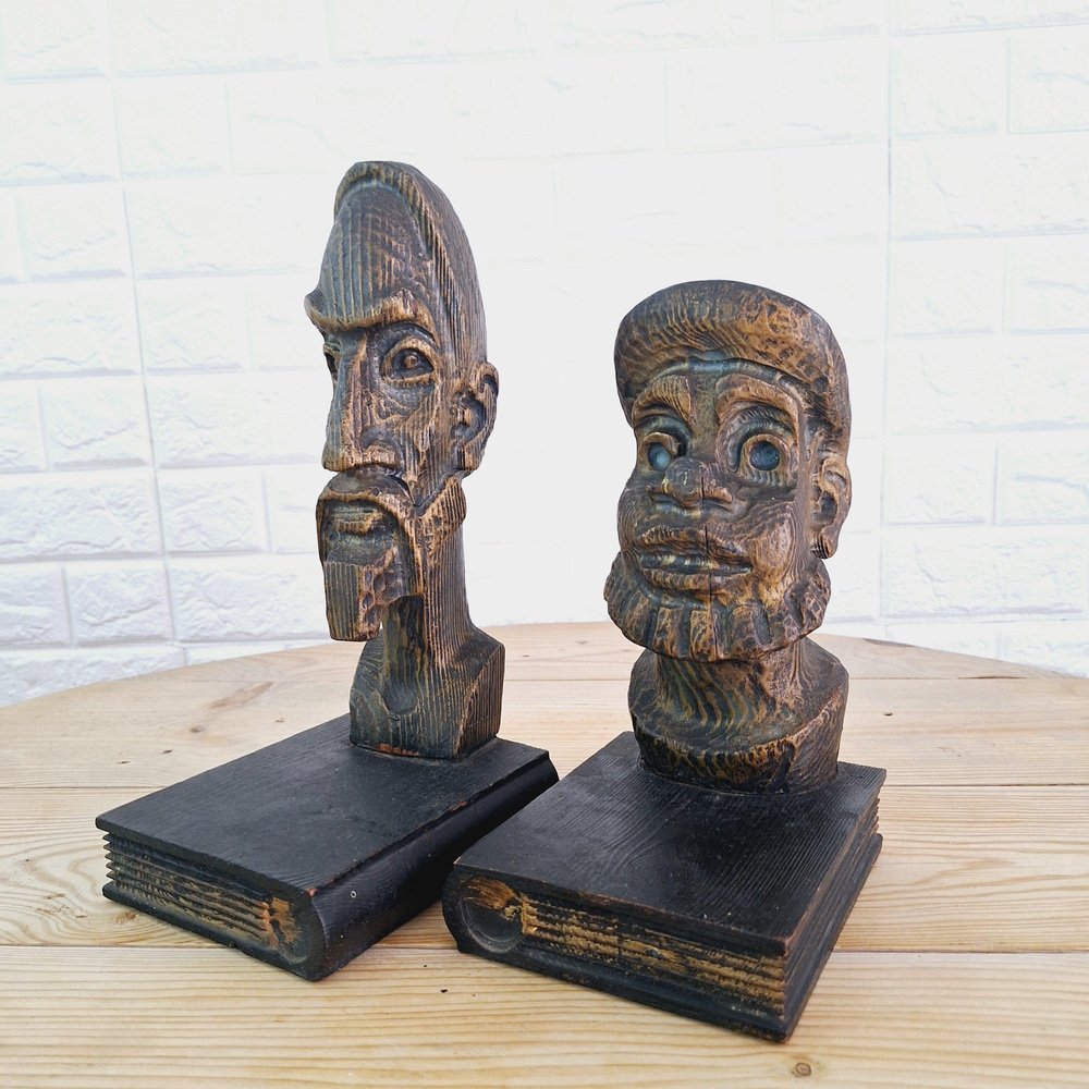 Brutalist Bookends in Carved Wood by Don Quixote & Sancho, 1970s, Set of 2