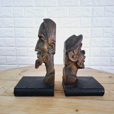 Brutalist Bookends in Carved Wood by Don Quixote & Sancho, 1970s, Set of 2-FRB-1768406