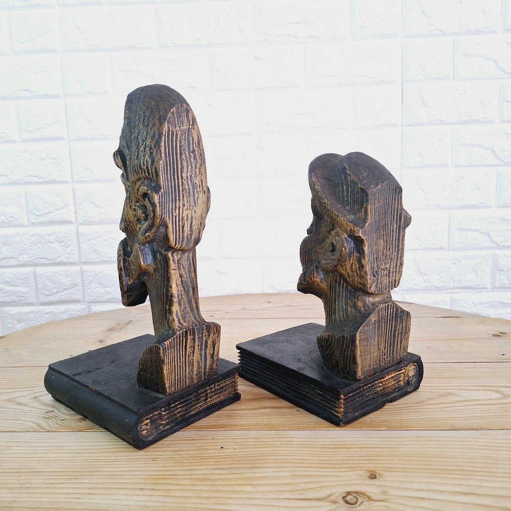 Brutalist Bookends in Carved Wood by Don Quixote & Sancho, 1970s, Set of 2