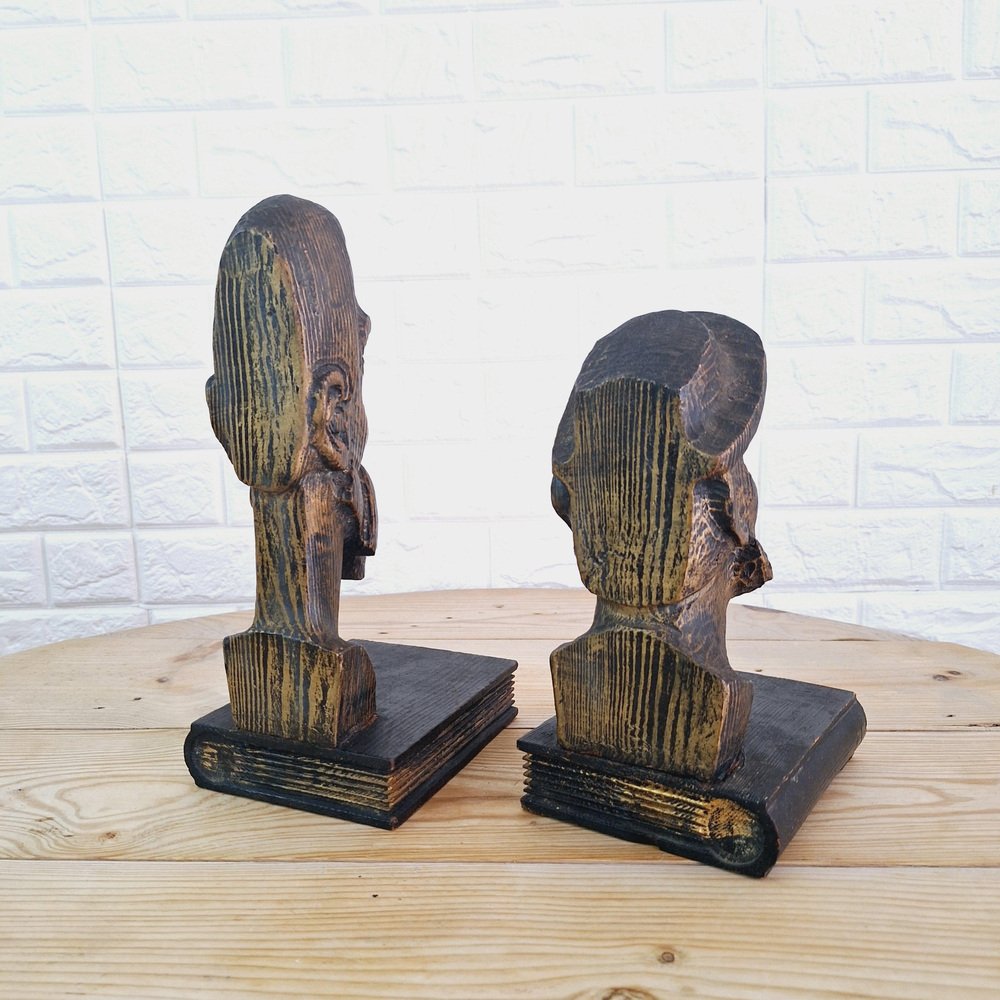 Brutalist Bookends in Carved Wood by Don Quixote & Sancho, 1970s, Set of 2