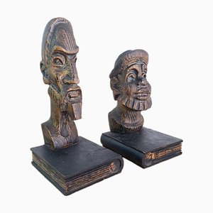 Brutalist Bookends in Carved Wood by Don Quixote & Sancho, 1970s, Set of 2-FRB-1768406