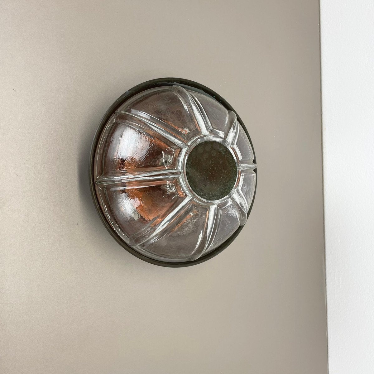 Brutalist Boom Copper and Glass Wall Light attributed to Bega Lights from Limburg, Germany, 1980s