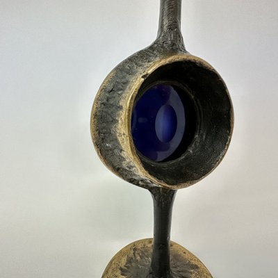 Brutalist Bronze Candle Stick with Blue Crystal, 1970s-BGP-1720224