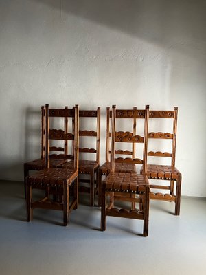 Brutalist Carved Wood Chairs with Leather Seat, Set of 6-UAO-1326397