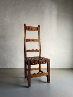 Brutalist Carved Wood Chairs with Leather Seat, Set of 6-UAO-1326397