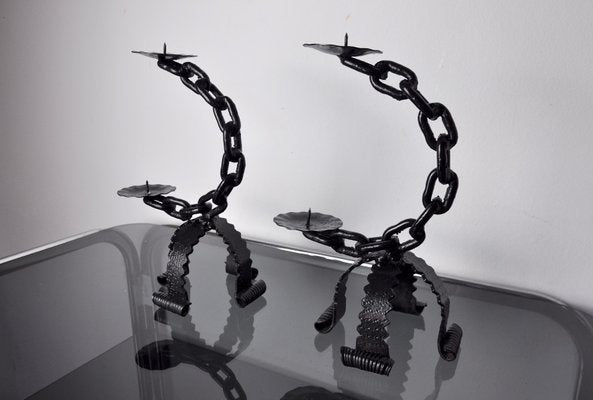 Brutalist Chain Candleholders, Italy, 1960s, Set of 2-EJE-1373630