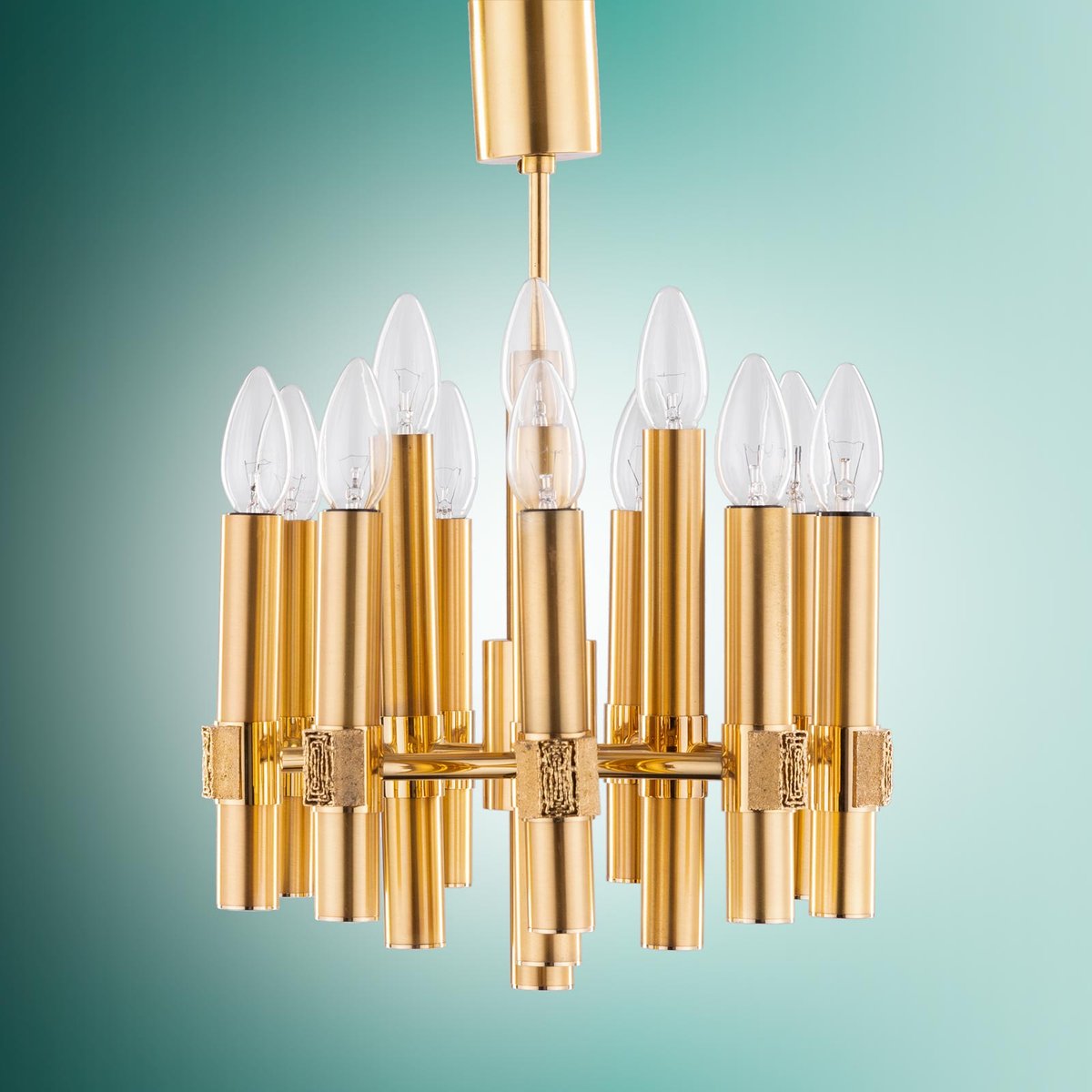 Brutalist Chandelier in Brass with 12 Arms by Angelo Brotto for Esperia, Italy, 1960s