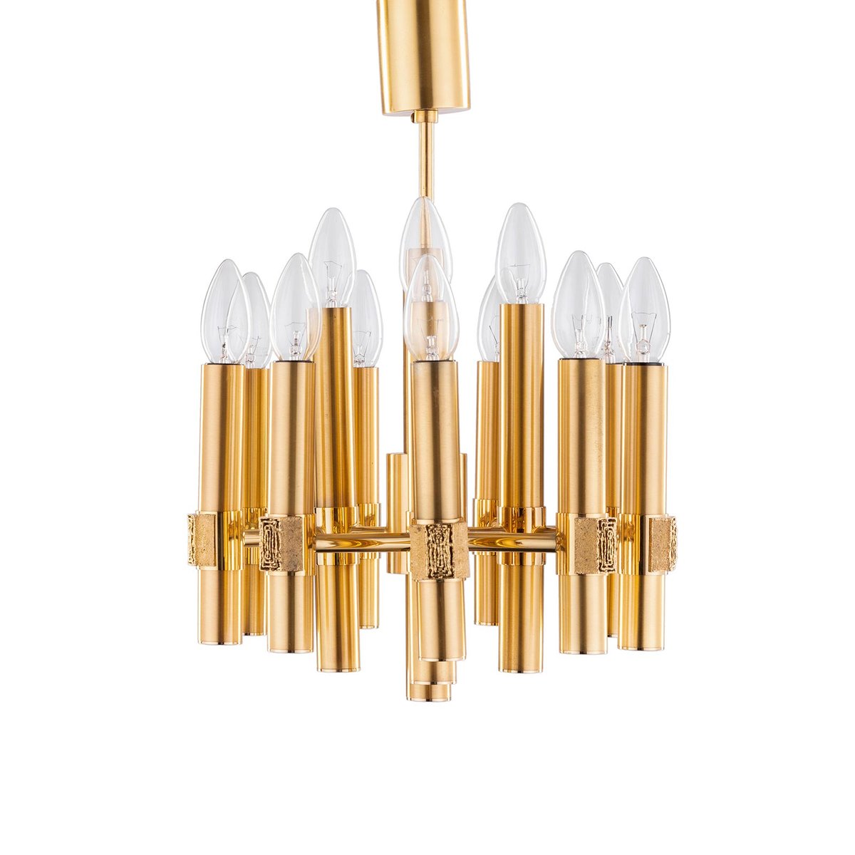 Brutalist Chandelier in Brass with 12 Arms by Angelo Brotto for Esperia, Italy, 1960s