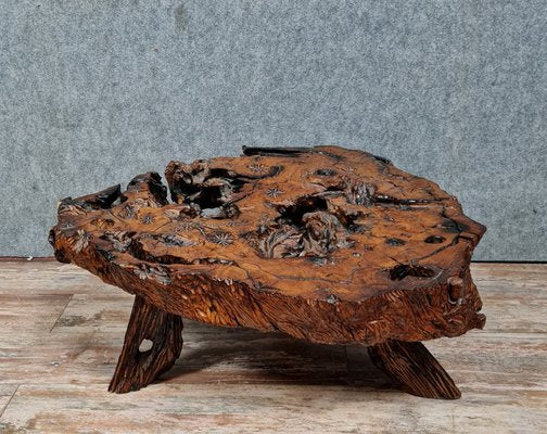 Brutalist Coffee Table in Carved Wood, 1970s-MWB-1785176