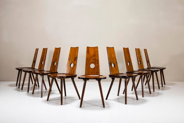 Brutalist Dining Chairs in Cherry Wood, France 1960s, Set of 9-UQV-2032216