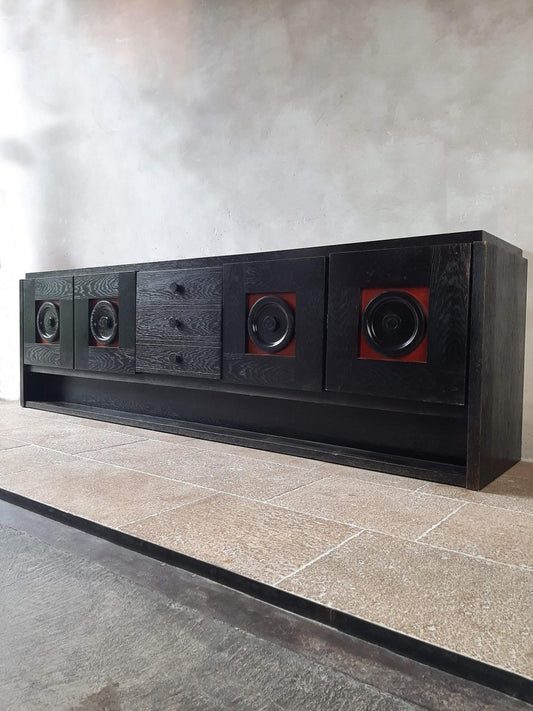 Brutalist Ebonized Oak Credenza in Black and Red from De Coene, 1970s