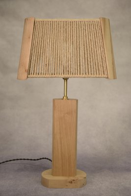 Brutalist Elm and Oak Table Lamp with Rope Lampshade, 1980s-NEN-2023697