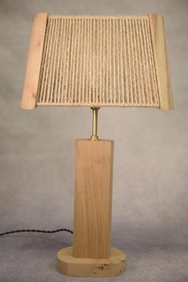 Brutalist Elm and Oak Table Lamp with Rope Lampshade, 1980s-NEN-2023697