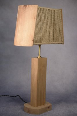 Brutalist Elm and Oak Table Lamp with Rope Lampshade, 1980s-NEN-2023697