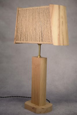 Brutalist Elm and Oak Table Lamp with Rope Lampshade, 1980s-NEN-2023697