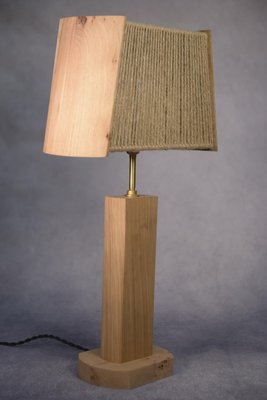 Brutalist Elm and Oak Table Lamp with Rope Lampshade, 1980s-NEN-2023697