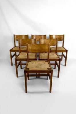 Brutalist Elm Chairs with Straw Seats from Maison Regain, 1960, Set of 6-XNH-1804647