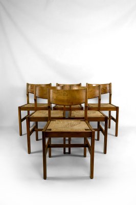 Brutalist Elm Chairs with Straw Seats from Maison Regain, 1960, Set of 6-XNH-1804647