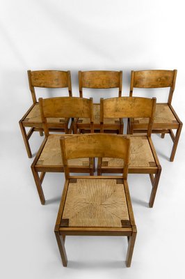 Brutalist Elm Chairs with Straw Seats from Maison Regain, 1960, Set of 6-XNH-1804647