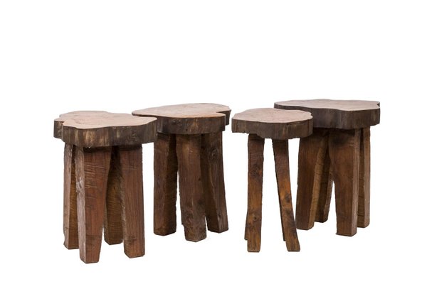 Brutalist Elm Stools, 1970s, Set of 4-CEJ-1374469