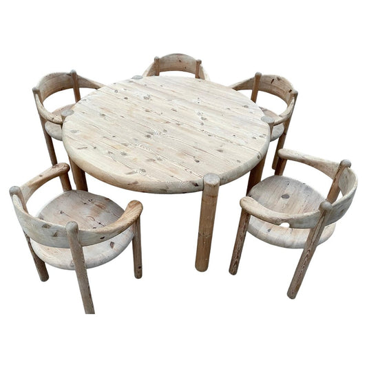 Brutalist Extendable Round Dining Table with Chairs by Rainer Daumiller, 1971, Set of 6