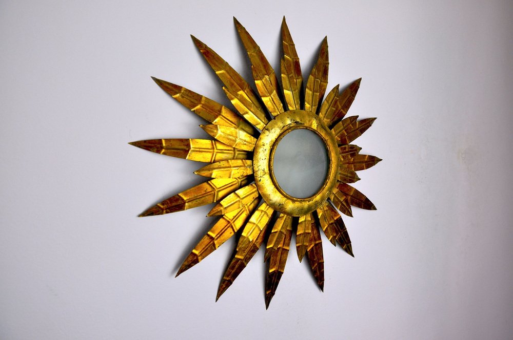 Brutalist Floral Sun Sconce in Gilded Metal, Italy, 1970s