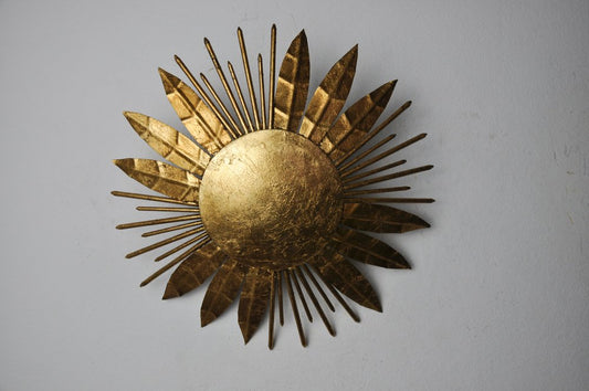 Brutalist Floral Sun Sconce in Gilded Metal with Gold Leaf, Italy, 1970