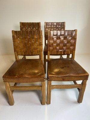 Brutalist French Chairs in Oak and Cognac Leather, 1970s, Set of 4-HKY-1762487