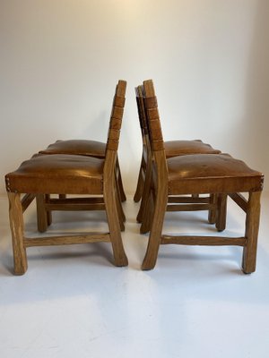 Brutalist French Chairs in Oak and Cognac Leather, 1970s, Set of 4-HKY-1762487