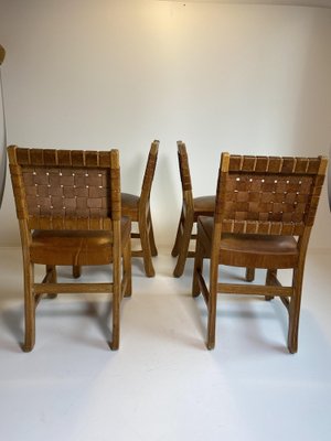 Brutalist French Chairs in Oak and Cognac Leather, 1970s, Set of 4-HKY-1762487