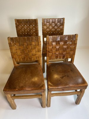 Brutalist French Chairs in Oak and Cognac Leather, 1970s, Set of 4-HKY-1762487