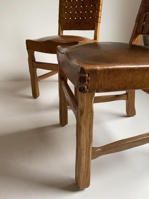 Brutalist French Chairs in Oak and Cognac Leather, 1970s, Set of 4-HKY-1762487