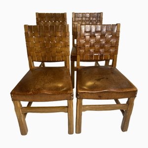 Brutalist French Chairs in Oak and Cognac Leather, 1970s, Set of 4-HKY-1762487