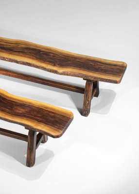 Brutalist French Dining Table and Benches in Solid Olive Wood, 1960s-YU-946279