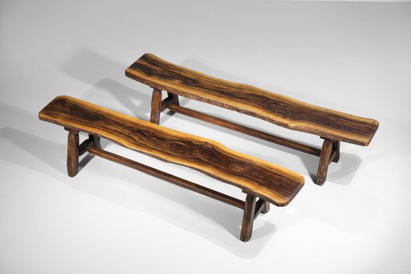 Brutalist French Dining Table and Benches in Solid Olive Wood, 1960s-YU-946279