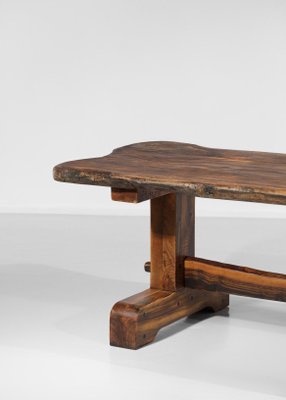 Brutalist French Dining Table and Benches in Solid Olive Wood, 1960s-YU-946279