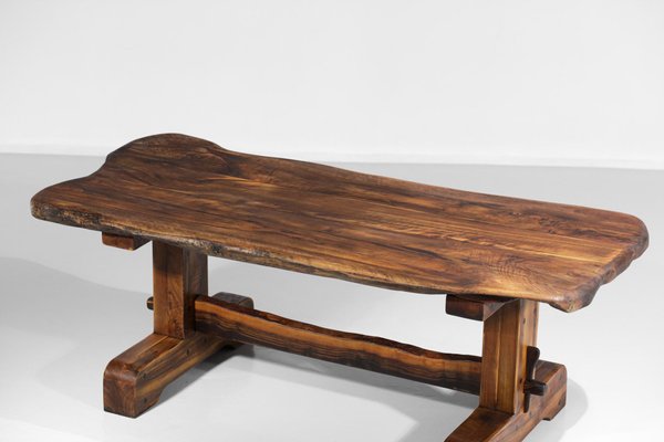 Brutalist French Dining Table and Benches in Solid Olive Wood, 1960s-YU-946279