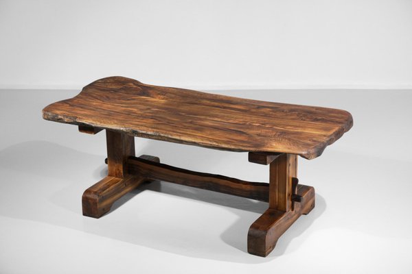 Brutalist French Dining Table and Benches in Solid Olive Wood, 1960s-YU-946279