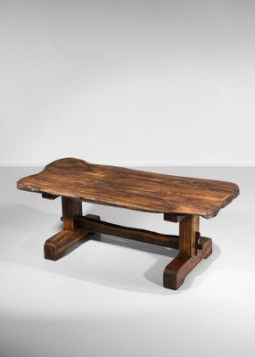 Brutalist French Dining Table and Benches in Solid Olive Wood, 1960s-YU-946279