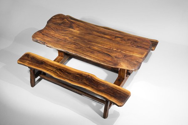 Brutalist French Dining Table and Benches in Solid Olive Wood, 1960s-YU-946279