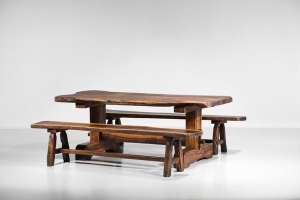 Brutalist French Dining Table and Benches in Solid Olive Wood, 1960s-YU-946279