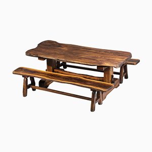 Brutalist French Dining Table and Benches in Solid Olive Wood, 1960s-YU-946279