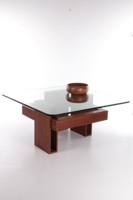 Brutalist French Teak with Glass Top Coffee Table, 1970s-EZZ-1319321