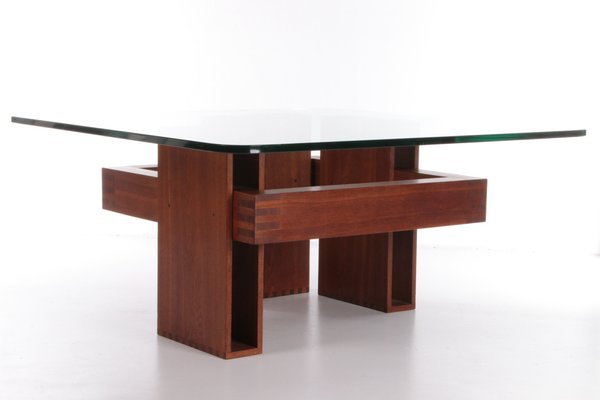 Brutalist French Teak with Glass Top Coffee Table, 1970s-EZZ-1319321