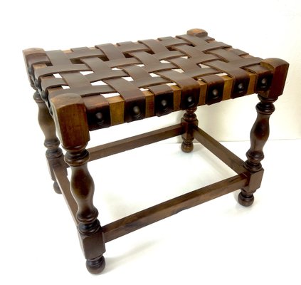 Brutalist Gothic Revival Style Footstool with Leather Strap, Spain, 1970s-WZZ-1373001