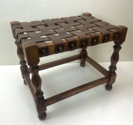 Brutalist Gothic Revival Style Footstool with Leather Strap, Spain, 1970s-WZZ-1373001