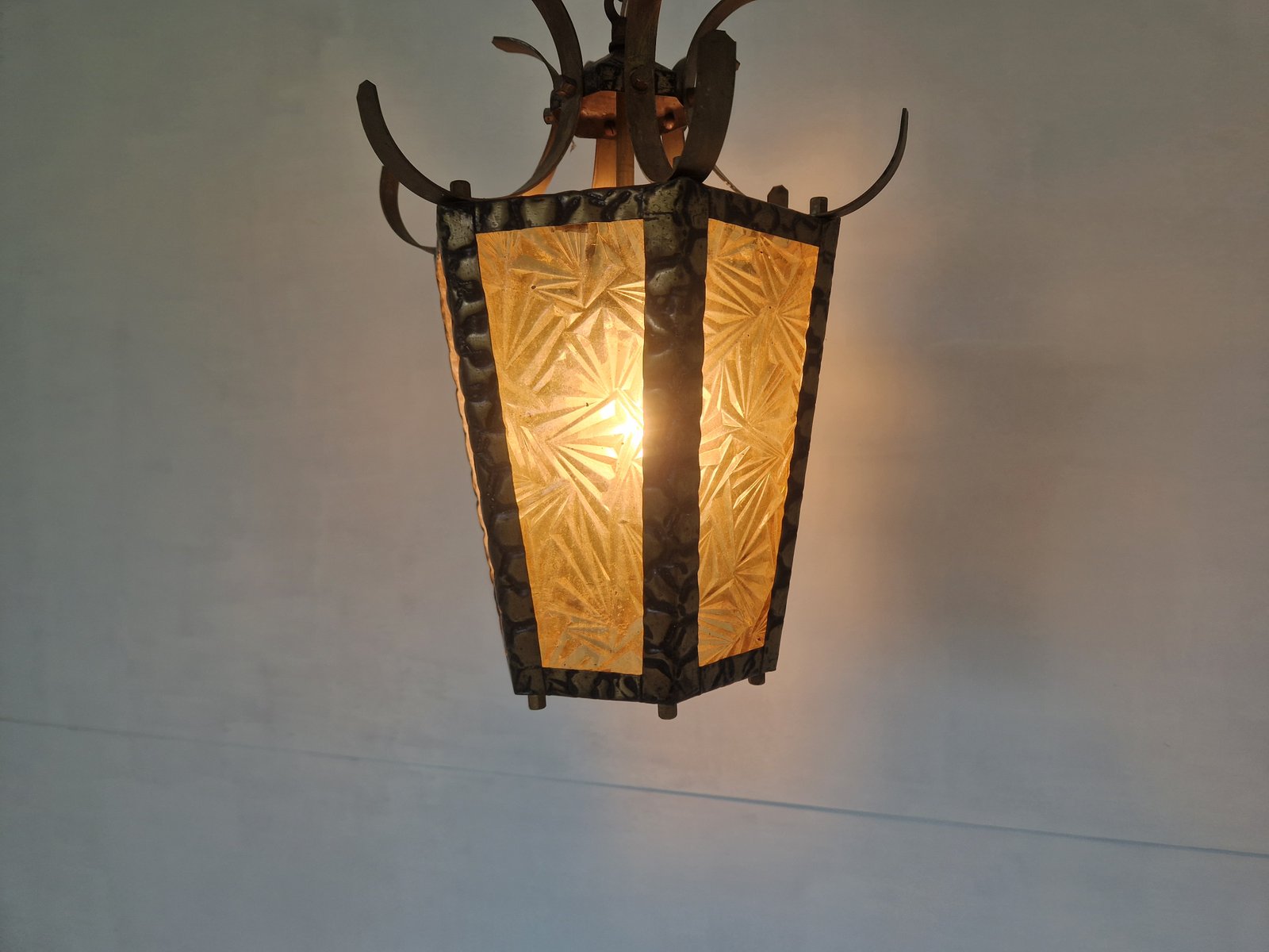 Brutalist Hammered Metal Hall Lantern with Geometrical Patterned Glass